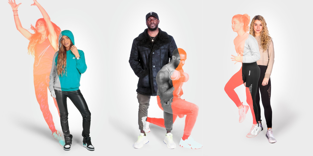 people standing with a lighter image of them doing different exercise movements